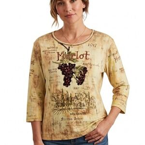 Cactus Merlot Wine Vineyard Graphic Rhinestone Embellished 3/4 Sleeve Top XL